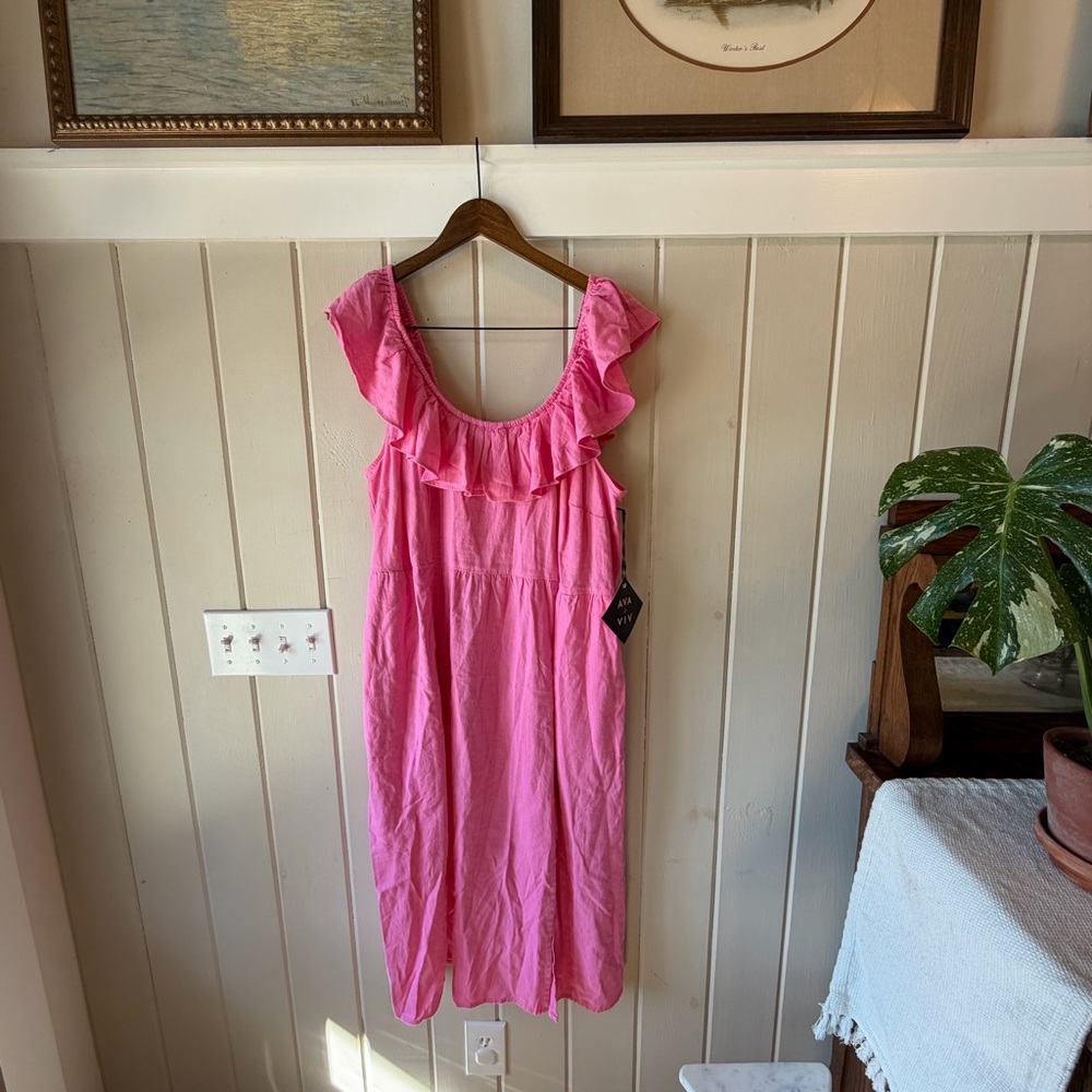 Ava & Viv Beautiful Vibrant Pink Midi Dress w/ Ruffled Neckline, Size XXL, NWT - Picture 1 of 11